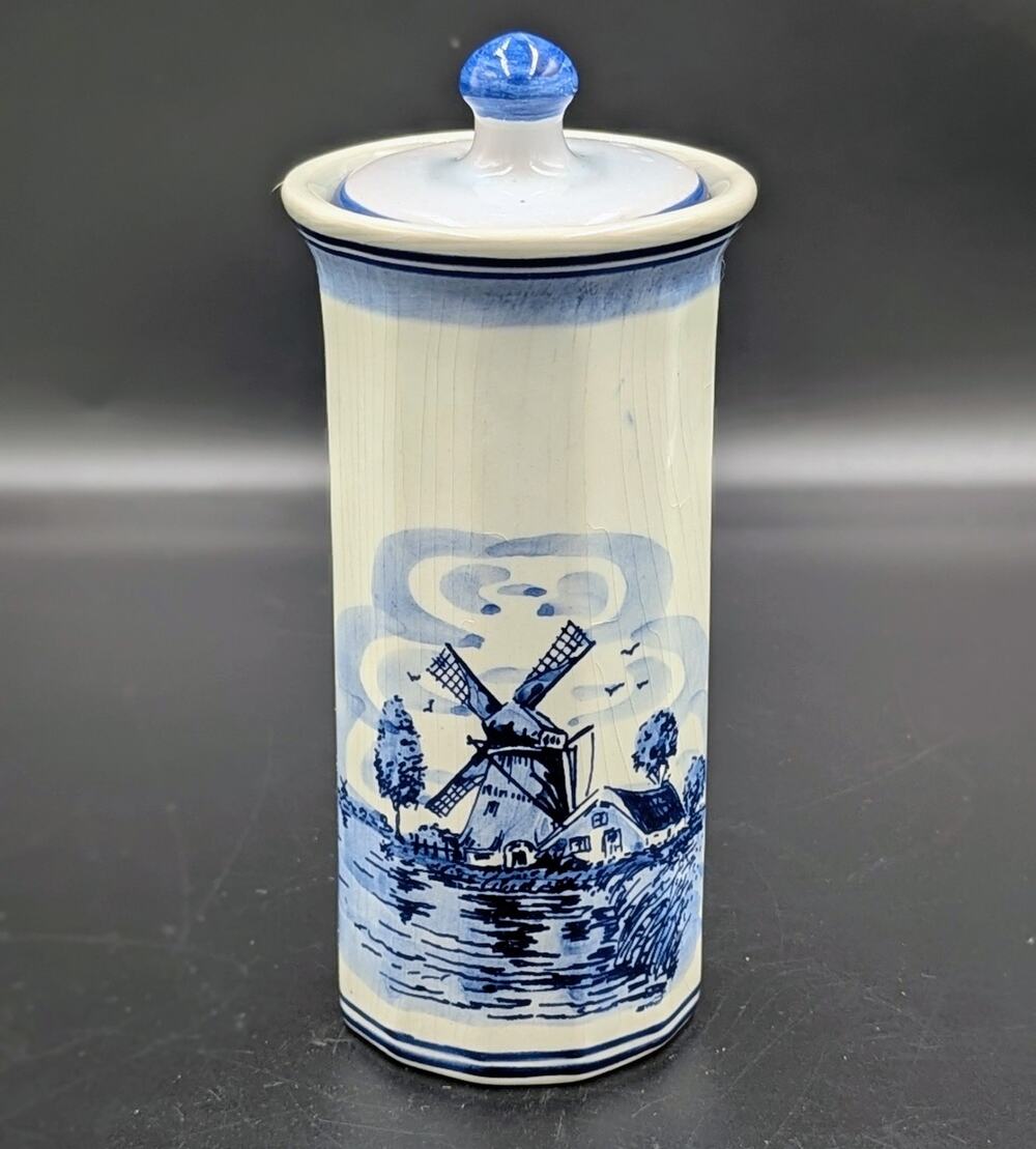 Vintage Hand Painted Delft Holland Blue White Windmill Ceramic Canister Jar